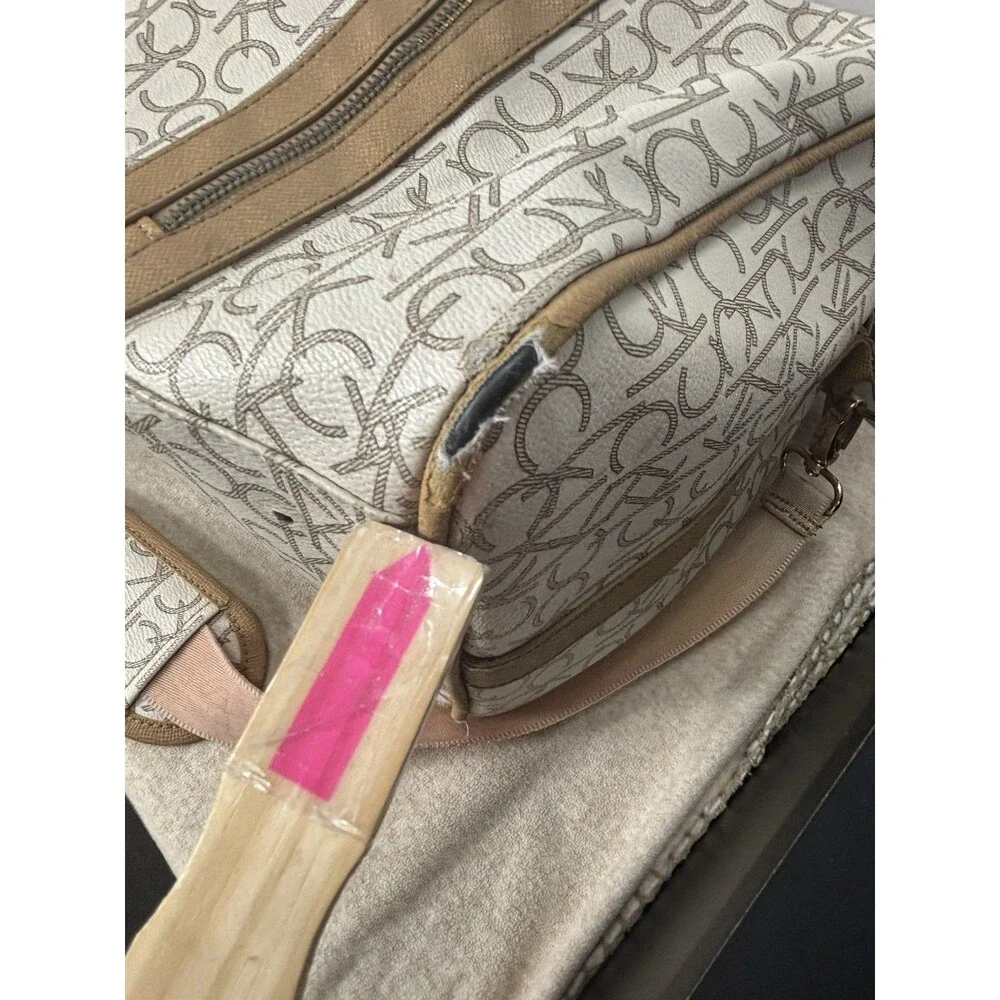 Calvin Klein Travel Weekender Duffle Bag All Over Logo Eggshell Beige Large 21”